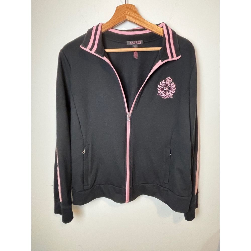 Lauren Ralph Lauren Womens XL Black Pink Crest Track Jacket Full Zip Mock Neck